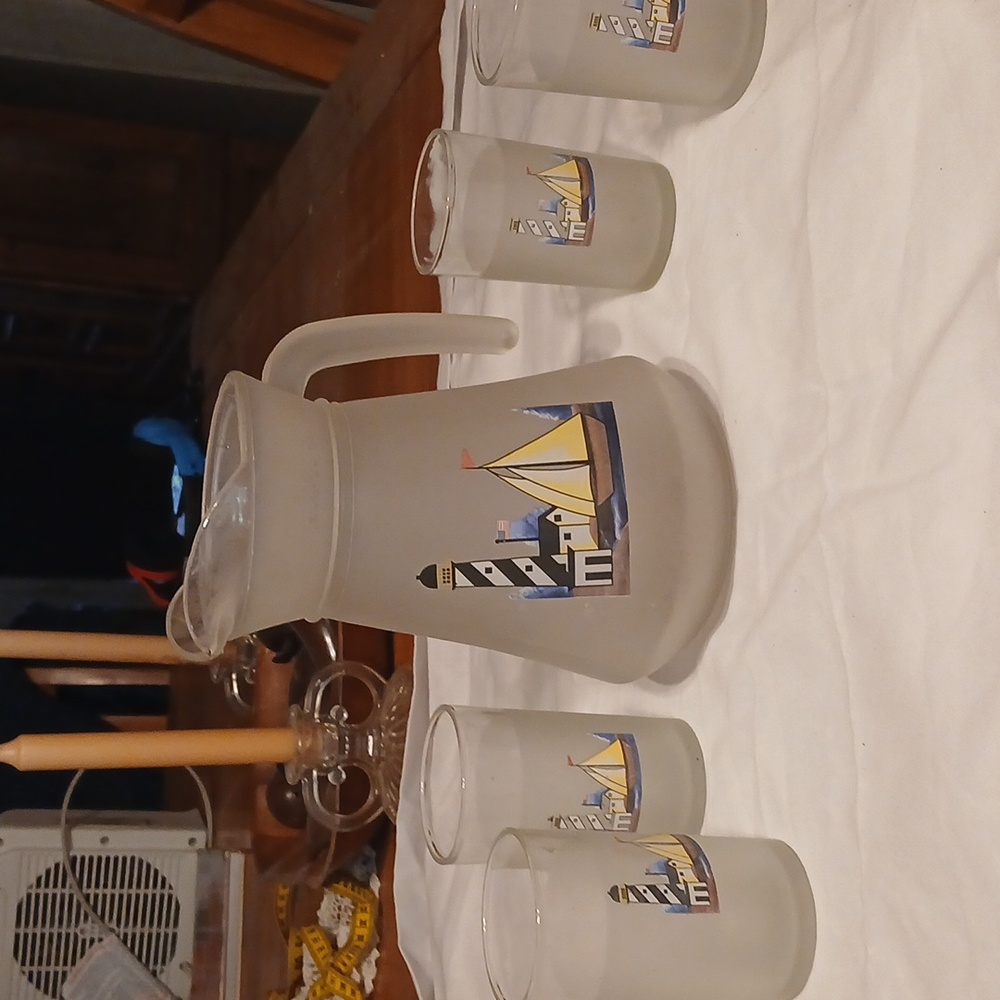 Great Set PITCHER and 6 Glasses-Smoke Glass design with Lighthouse and Sailboat